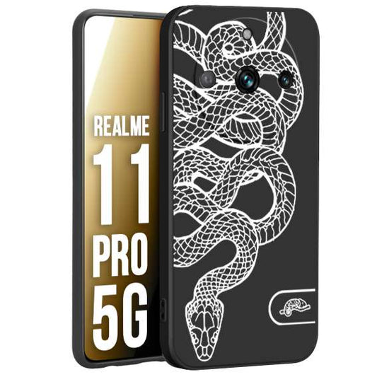 CUSTOMIZZA - Custodia cover nera morbida in tpu compatibile per Oppo Realme 11 PRO 5G serpente snake bianco a rilievo disegnato tattoo tatuaggio