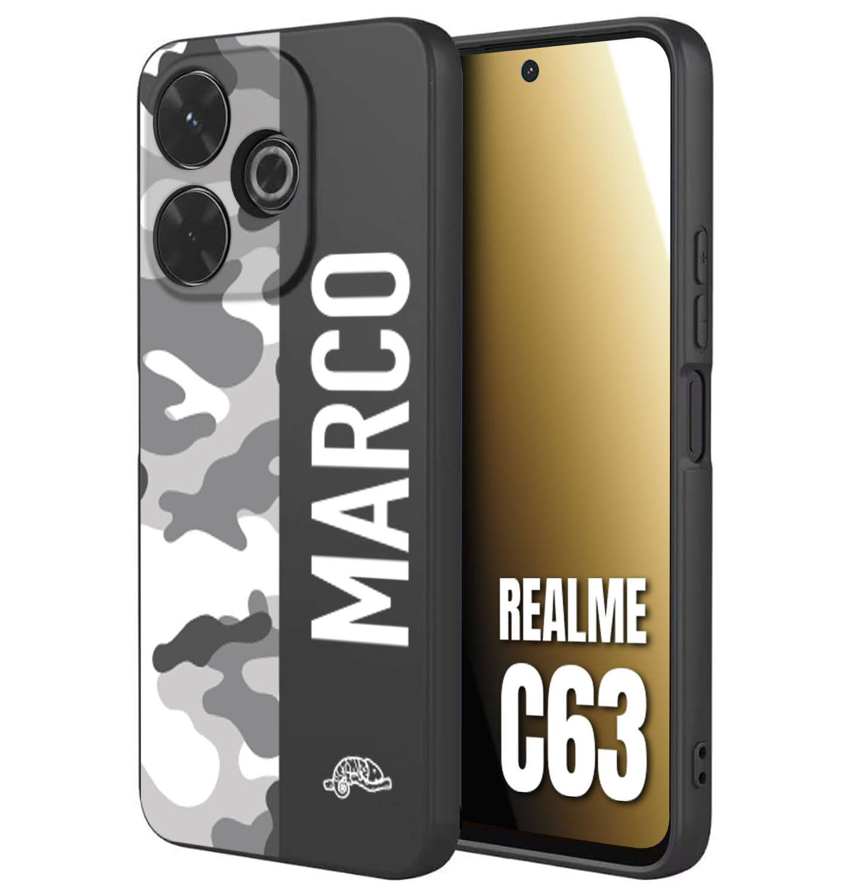 CUSTOMIZZA - Custodia cover nera morbida in tpu compatibile per Realme C63 camouflage mimetico militare personalizzata nome bianco
