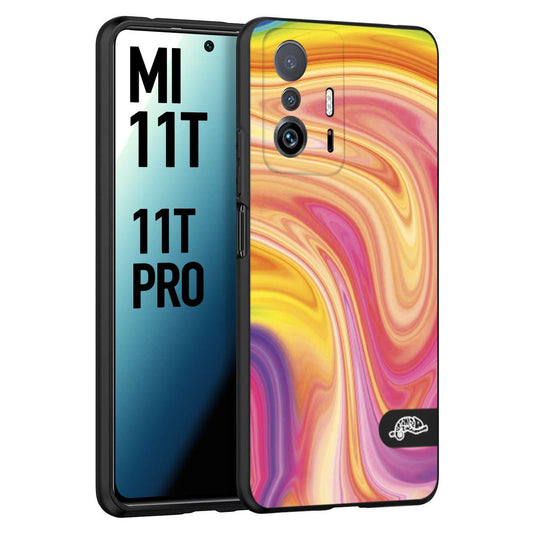 CUSTOMIZZA - Custodia cover nera morbida in tpu compatibile per Xiaomi Mi 11T - Mi 11T PRO colorata fantasia vortice marmo onde rosa fucsia gialla