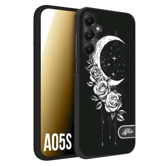 CUSTOMIZZA - Custodia cover nera morbida in tpu compatibile per Samsung A05S luna e fiori moon flowers black and white bianco a rilievo disegnato tattoo tatuaggio