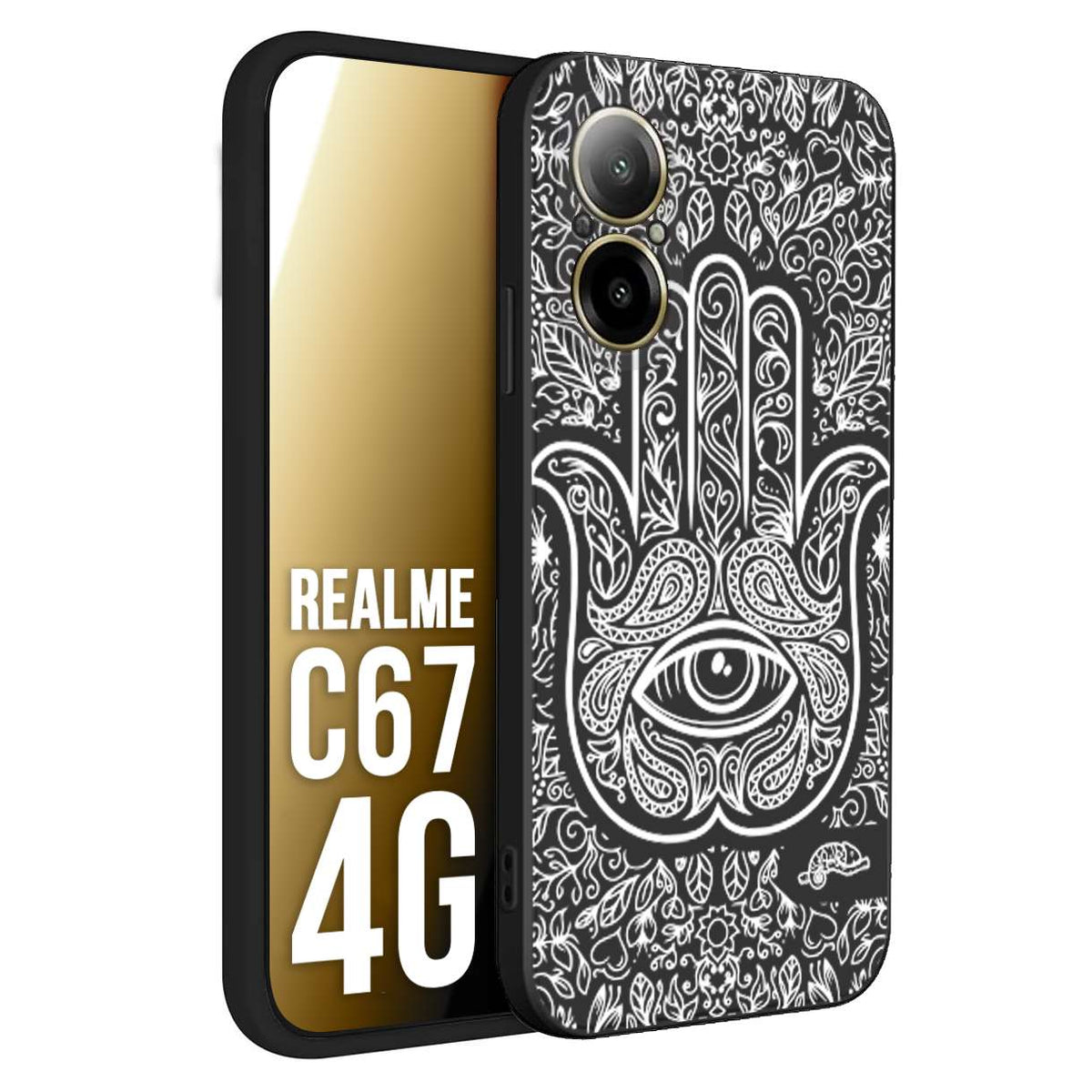 CUSTOMIZZA - Custodia cover nera morbida in tpu compatibile per Realme C67 4G mano di fatima effetto rilievo mandala donna