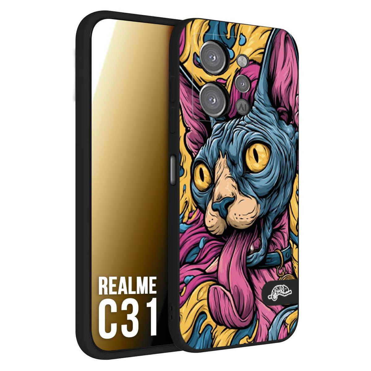 CUSTOMIZZA - Custodia cover nera morbida in tpu compatibile per Realme C31 Sphynx Colorato Pop Art Psichedelico Gatto Blu Rosa Giallo Artistica Fantasy