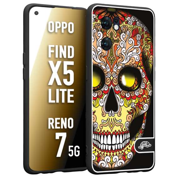 CUSTOMIZZA - Custodia cover nera morbida in tpu compatibile per Oppo Reno 7 - Find X5 LITE teschio messicano Mexican skull giallo rosso arancio
