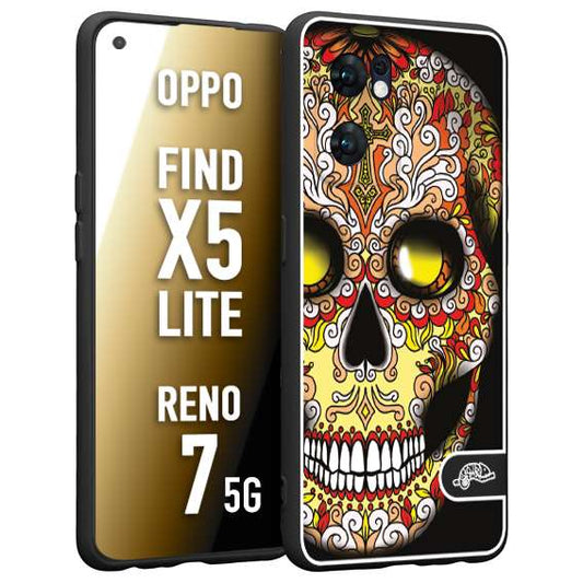 CUSTOMIZZA - Custodia cover nera morbida in tpu compatibile per Oppo Reno 7 - Find X5 LITE teschio messicano Mexican skull giallo rosso arancio