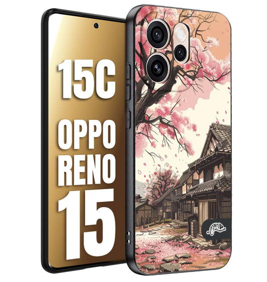 CUSTOMIZZA - Custodia cover nera morbida in tpu compatibile per Oppo Reno 15 - Reno 15Ccasa giapponese rosa ciliegio in fiore disegnata tattoo