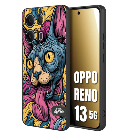 CUSTOMIZZA - Custodia cover nera morbida in tpu compatibile per Oppo Reno 13 5G Sphynx Colorato Pop Art Psichedelico Gatto Blu Rosa Giallo Artistica Fantasy
