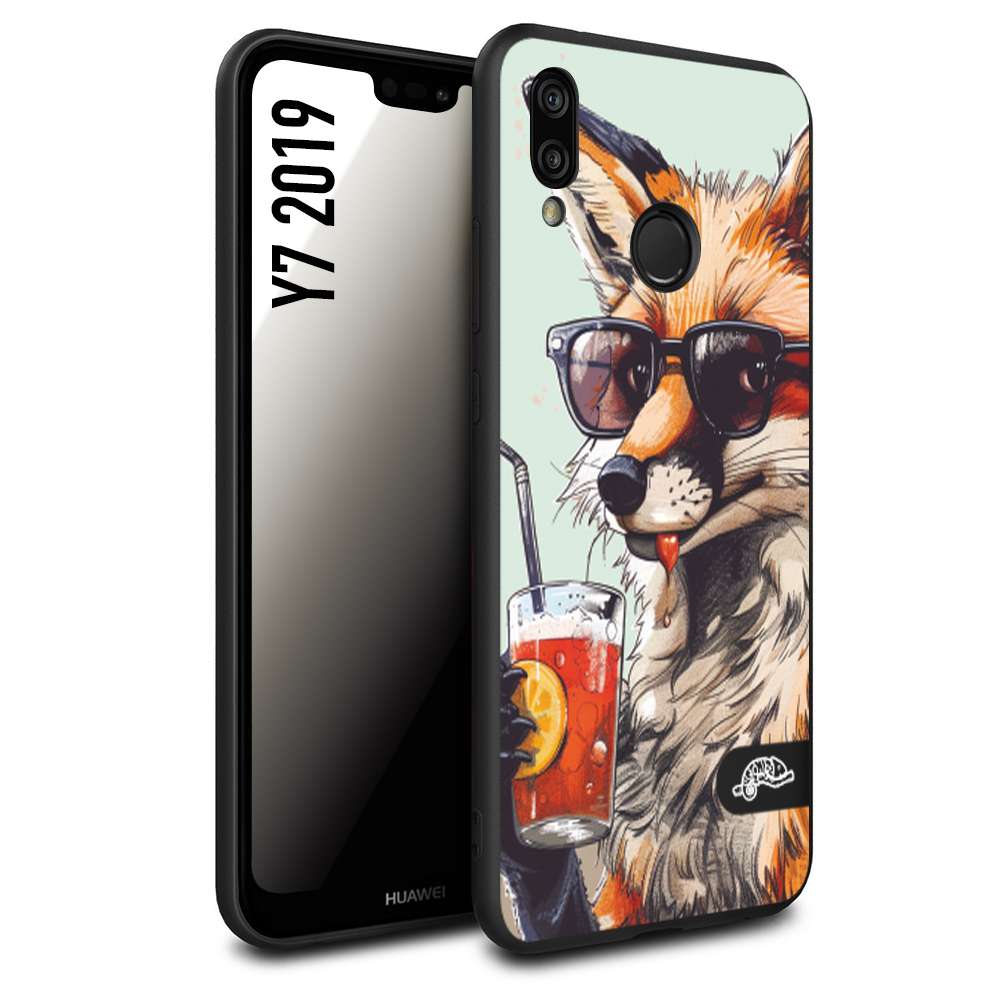 CUSTOMIZZA - Custodia cover nera morbida in tpu compatibile per Huawei Y7 2019 estate disegnata cocktails animali simpatici fox volpe negroni