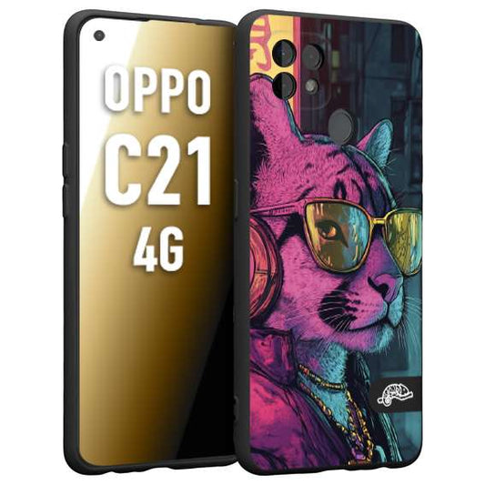 CUSTOMIZZA - Custodia cover nera morbida in tpu compatibile per Realme C21 4G animali cyberpunk pantera street cat fucsia blu giallo