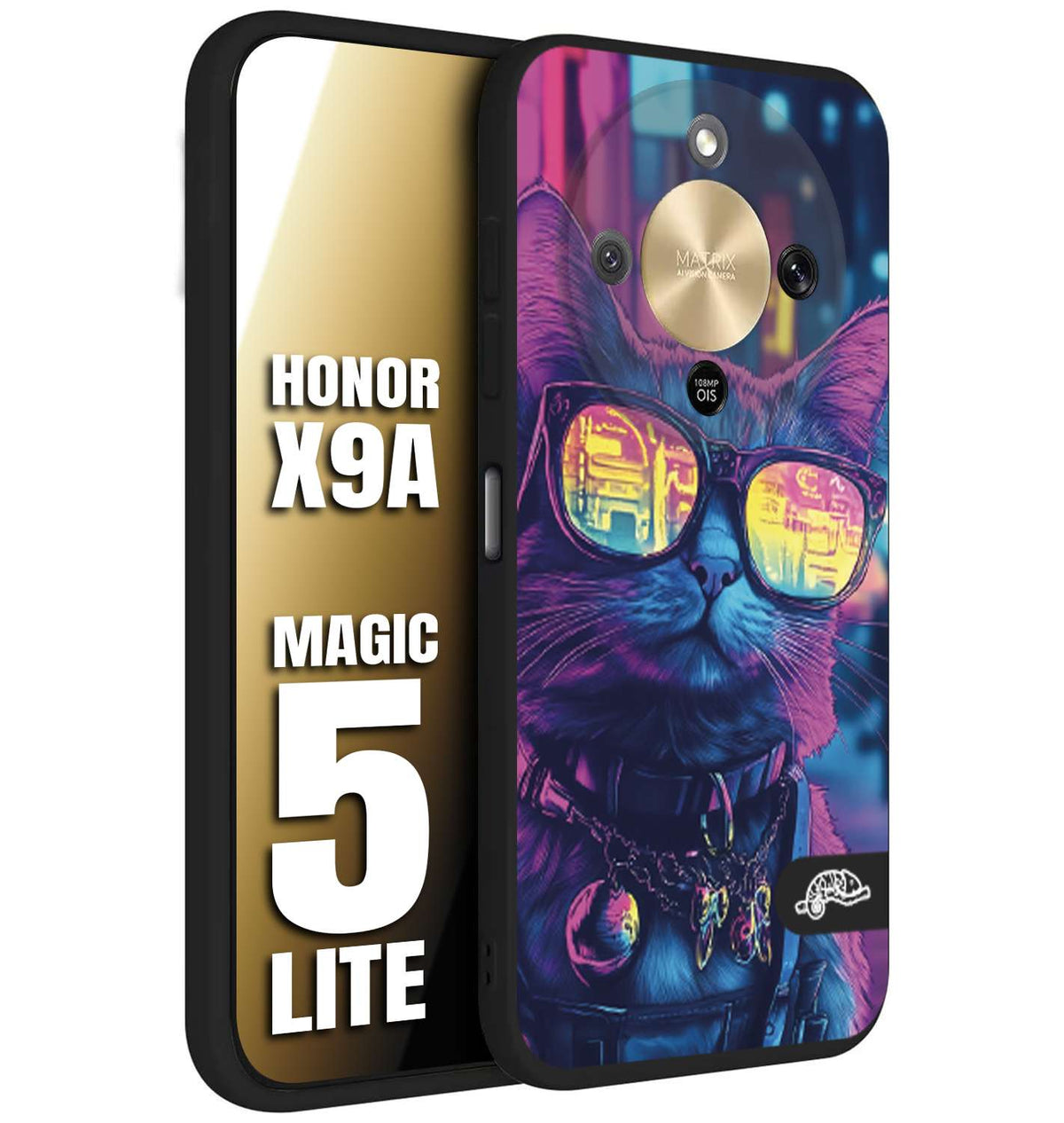 CUSTOMIZZA - Custodia cover nera morbida in tpu compatibile per Honor X9A - Honor Magic 5 Lite animali cyberpunk gatto street cat fucsia blu giallo