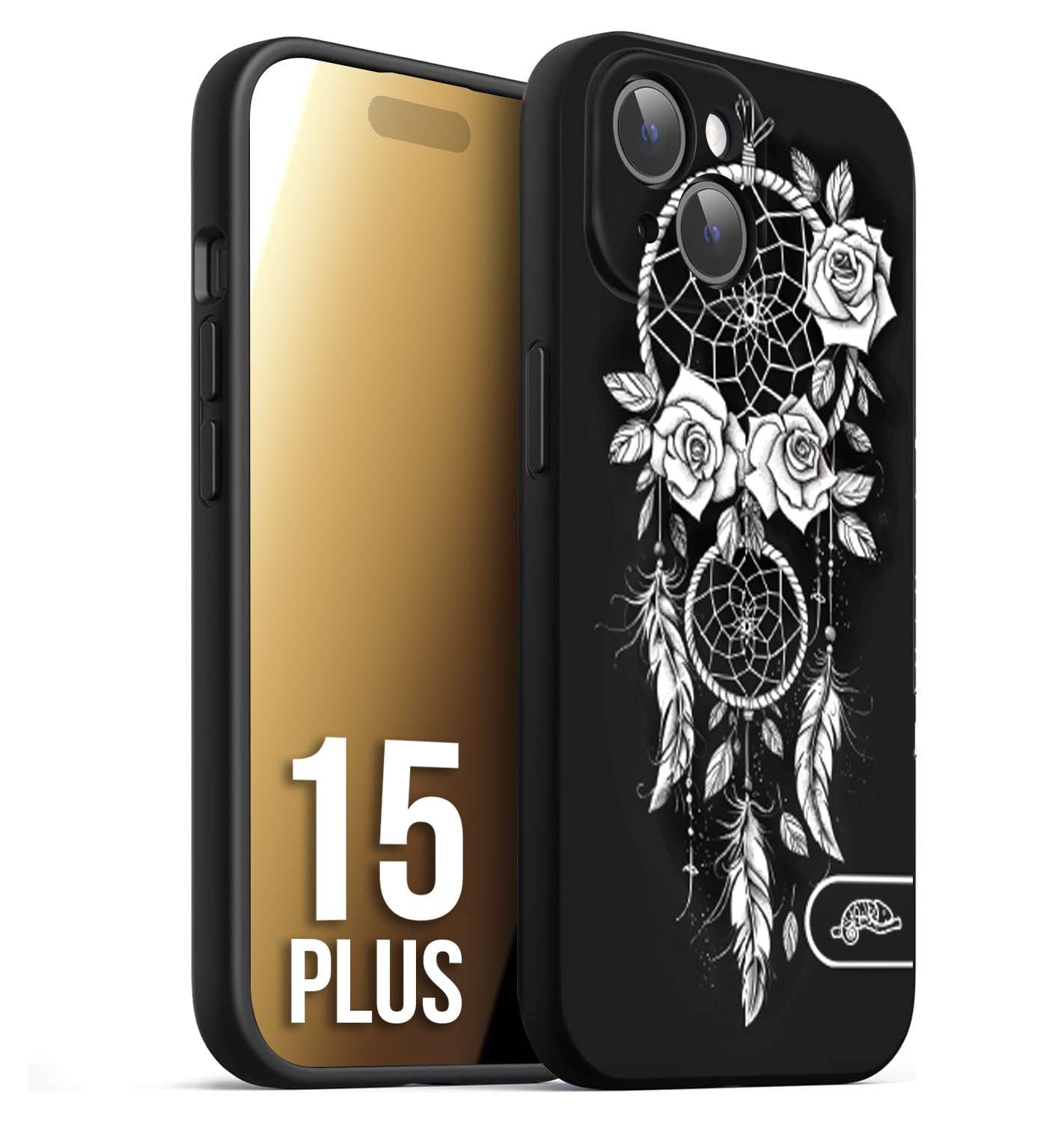 CUSTOMIZZA - Custodia cover nera morbida in tpu compatibile per iPhone 15 PLUS acchiappasogni dreamcatcher black and white bianco a rilievo disegnato tattoo tatuaggio