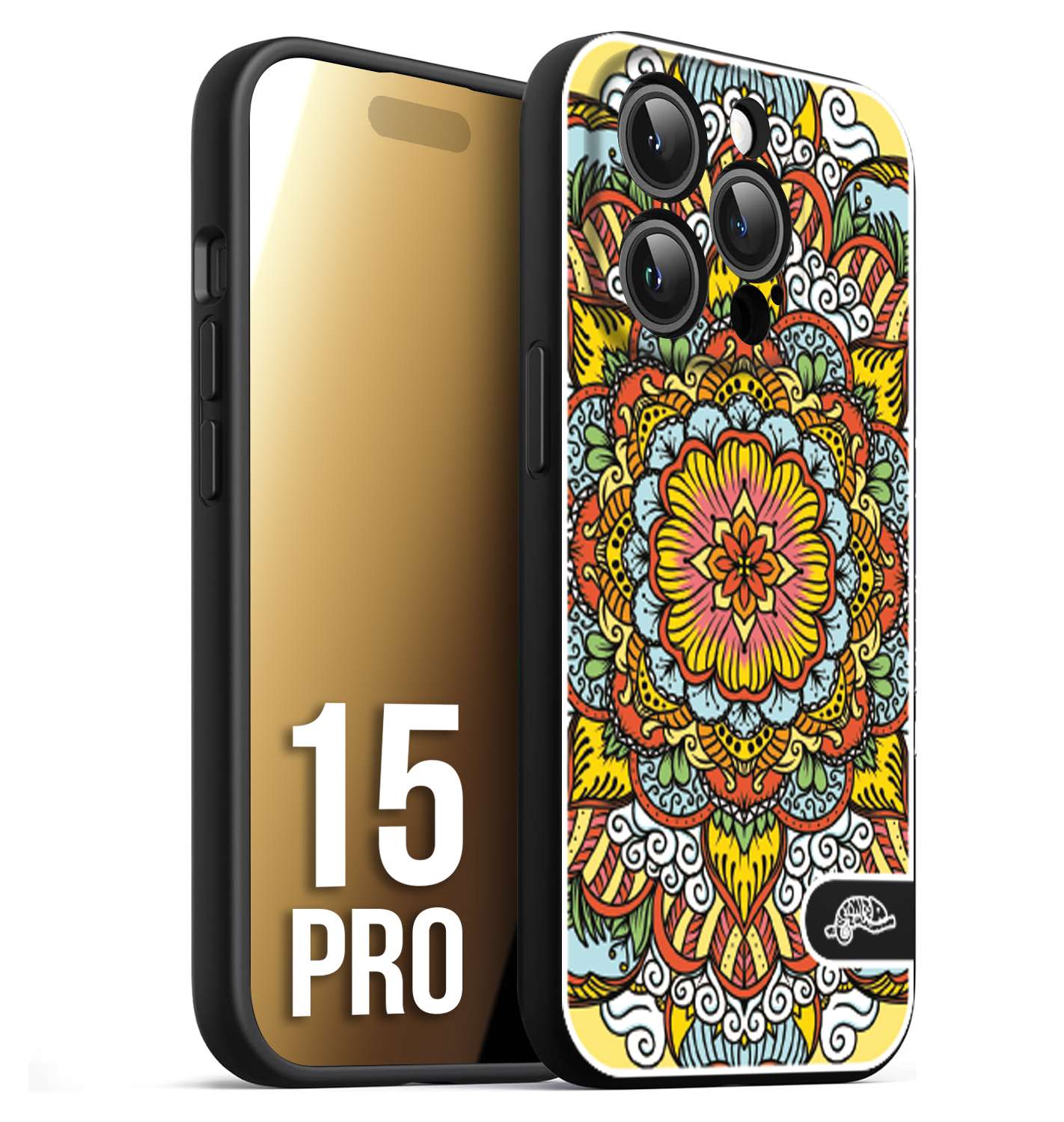 CUSTOMIZZA - Custodia cover nera morbida in tpu compatibile per iPhone 15 PRO mandala colorato fiore nuvole arancione