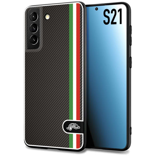 CUSTOMIZZA - Custodia cover nera morbida in tpu compatibile per Samsung S21 effetto fibra di carbonio bandiera Italia made in Italy