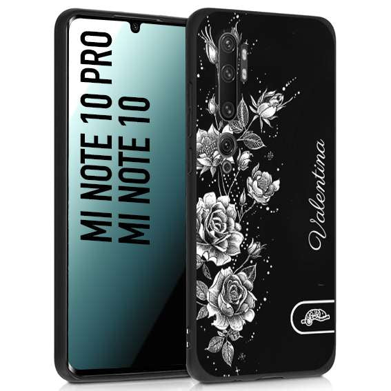 CUSTOMIZZA - Custodia cover nera morbida in tpu compatibile per Xiaomi Mi Note 10 - Mi Note 10 Pro a rilievo soft touch personalizzata nome rose fiori donna