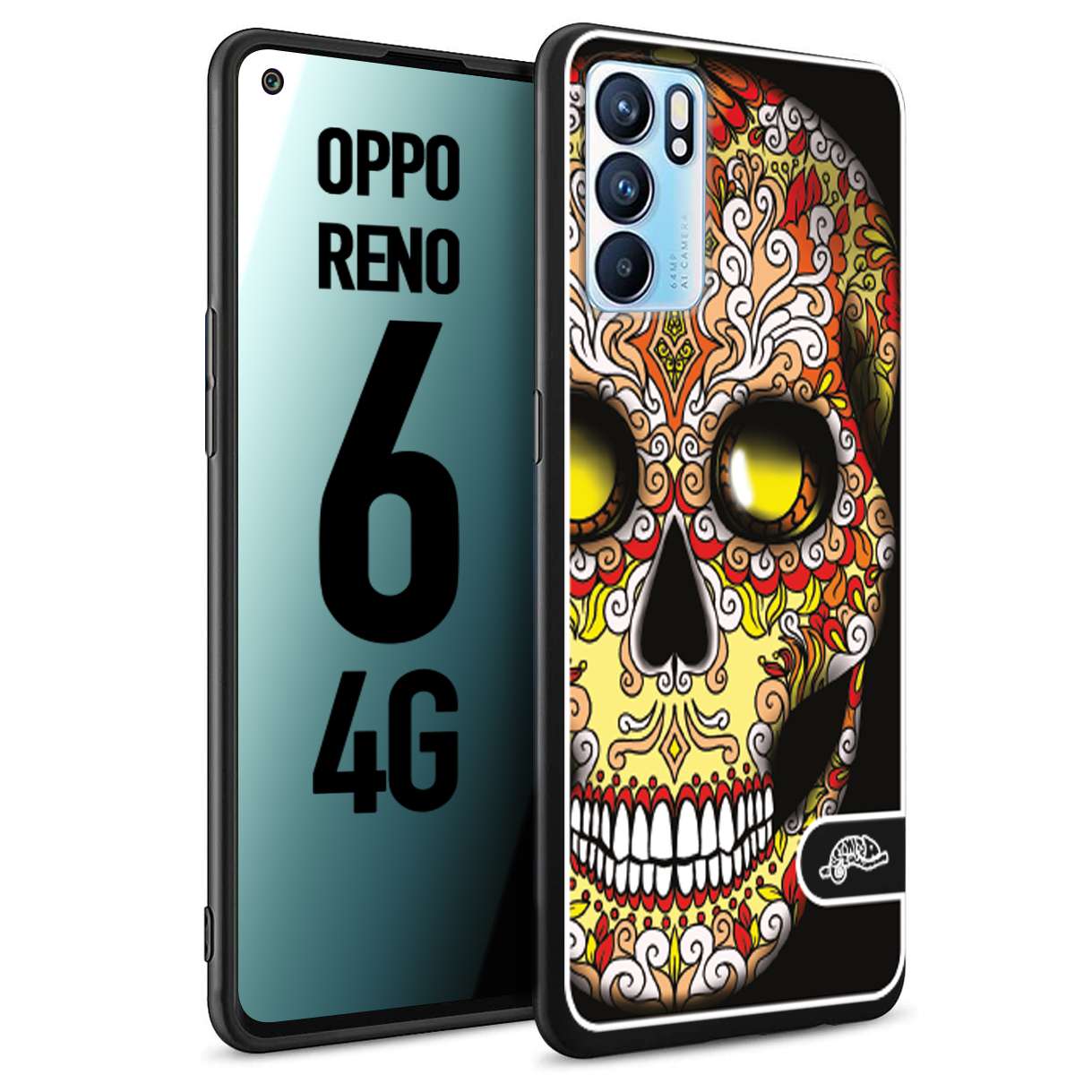 CUSTOMIZZA - Custodia cover nera morbida in tpu compatibile per Oppo Reno 6 4G teschio messicano Mexican skull giallo rosso arancio