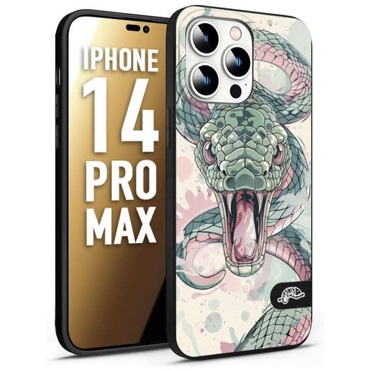 CUSTOMIZZA - Custodia cover nera morbida in tpu compatibile per iPhone 14 PRO MAX snake pink green serpente tatuaggio tattoo disegnato a mano