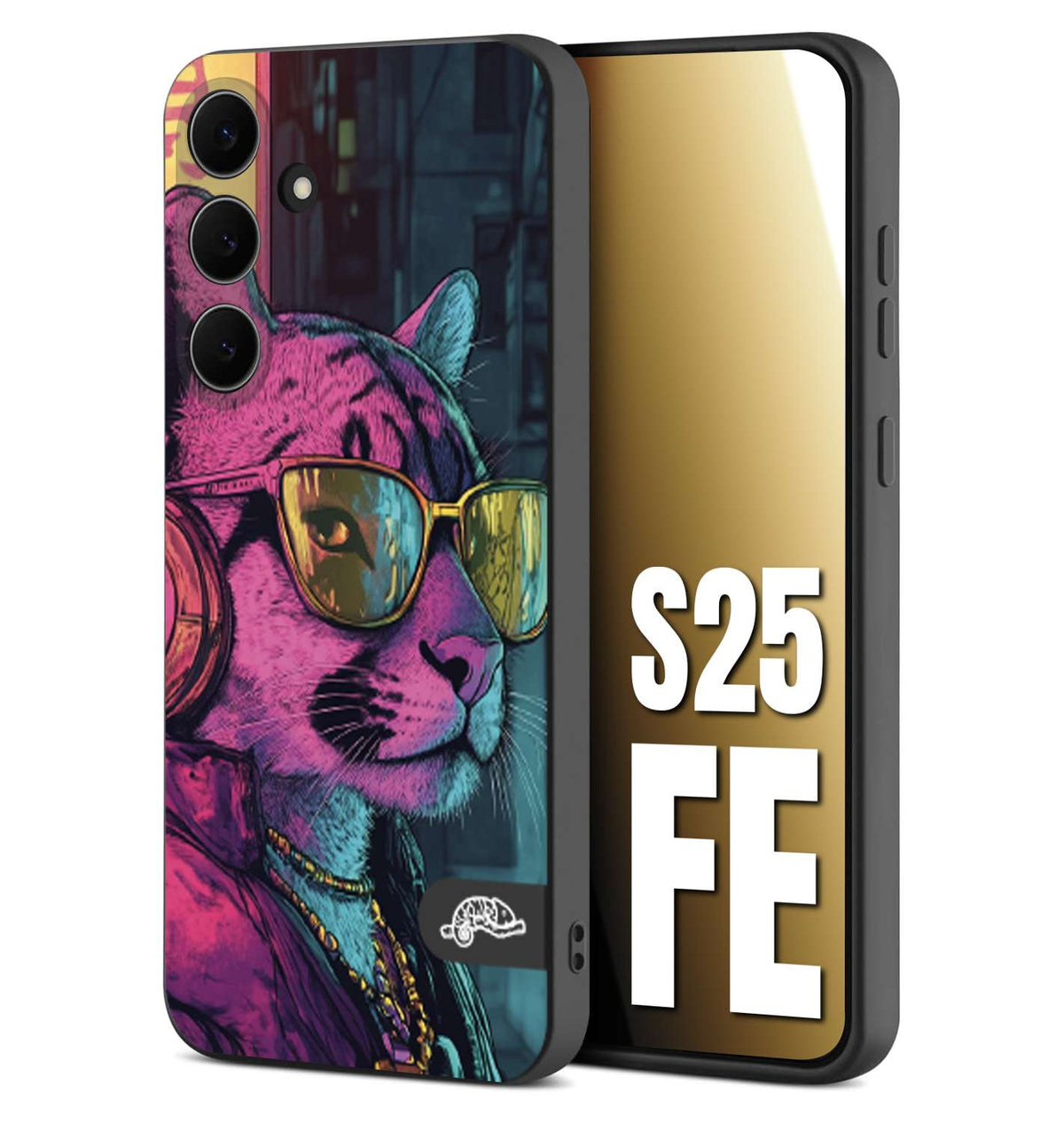 CUSTOMIZZA - Custodia cover nera morbida in tpu compatibile per Samsung S25 FE animali cyberpunk pantera street cat fucsia blu giallo