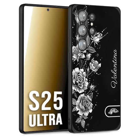 CUSTOMIZZA - Custodia cover nera morbida in tpu compatibile per Samsung S25 ULTRA personalizzata rilievo soft touch nome rose fiori donna
