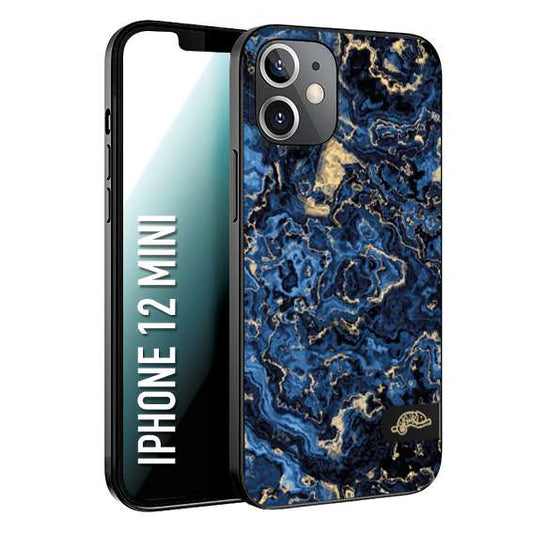 CUSTOMIZZA - Custodia cover nera morbida in tpu compatibile per iPhone 12 MINI effetto marmo marble blu venature dorato psichedelico