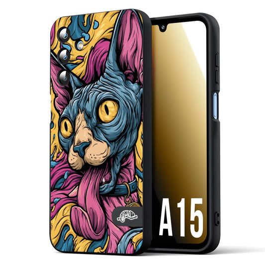 CUSTOMIZZA - Custodia cover nera morbida in tpu compatibile per Samsung A15 5G Sphynx Colorato Pop Art Psichedelico Gatto Blu Rosa Giallo Artistica Fantasy