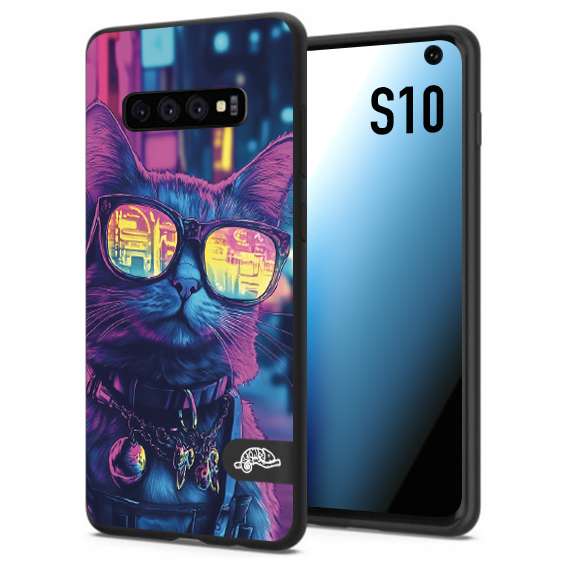 CUSTOMIZZA - Custodia cover nera morbida in tpu compatibile per Samsung S10 animali cyberpunk gatto street cat fucsia blu giallo