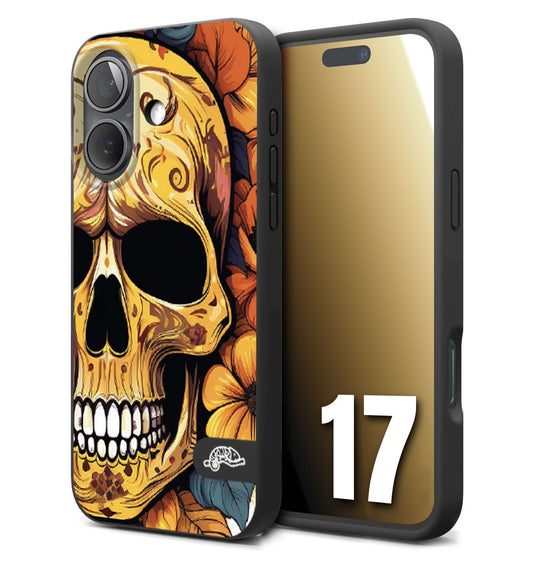 CUSTOMIZZA - Custodia cover nera morbida in tpu compatibile per iPhone 17 teschio messicano colorato dorato fiori autunnali disegnato