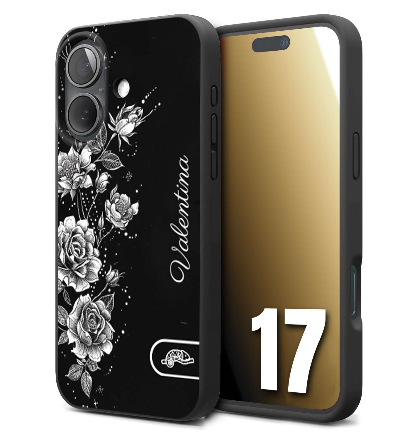 CUSTOMIZZA - Custodia cover nera morbida in tpu compatibile per iPhone 17 personalizzata rilievo soft touch nome rose fiori donna