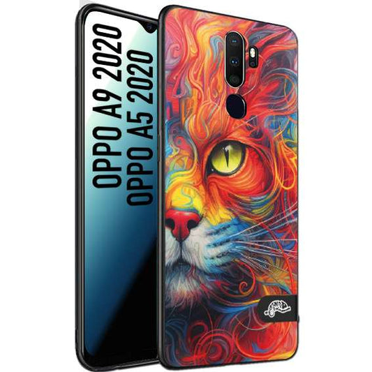 CUSTOMIZZA - Custodia cover nera morbida in tpu compatibile per Oppo A9 2020 - A5 2020 animali color cat gatto viso colori vibranti disegnato schizzo