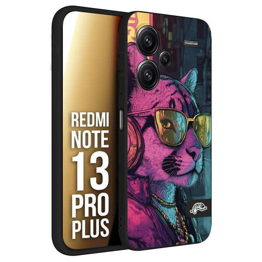 CUSTOMIZZA - Custodia cover nera morbida in tpu compatibile per Xiaomi Redmi Note 13 PRO PLUS animali cyberpunk pantera street cat fucsia blu giallo