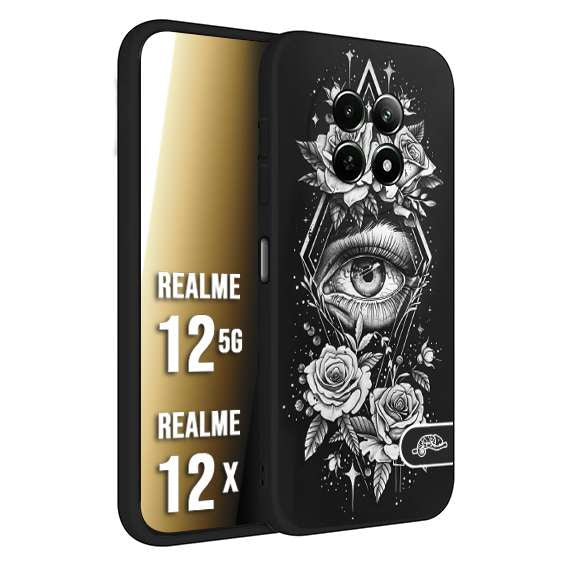 CUSTOMIZZA - Custodia cover nera morbida in tpu compatibile per Realme 12 5G - 12X occhio fiori rombo geometrico black and white bianco a rilievo disegnato tattoo tatuaggio