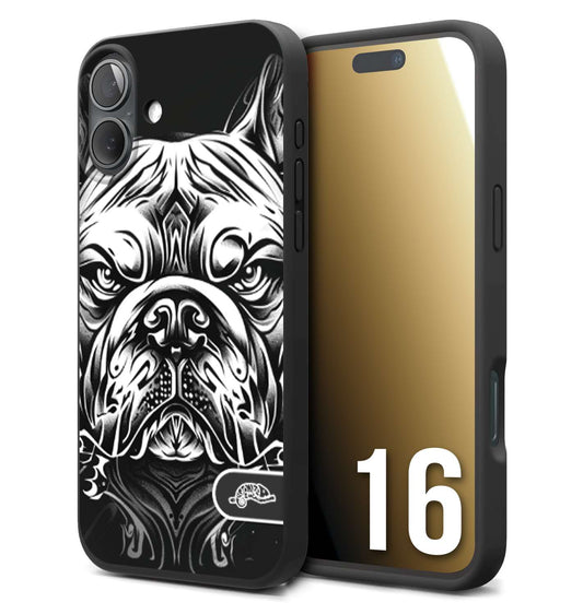 CUSTOMIZZA - Custodia cover nera morbida in tpu compatibile per iPhone 16 bulldog bianco a rilievo disegnato tattoo tatuaggio