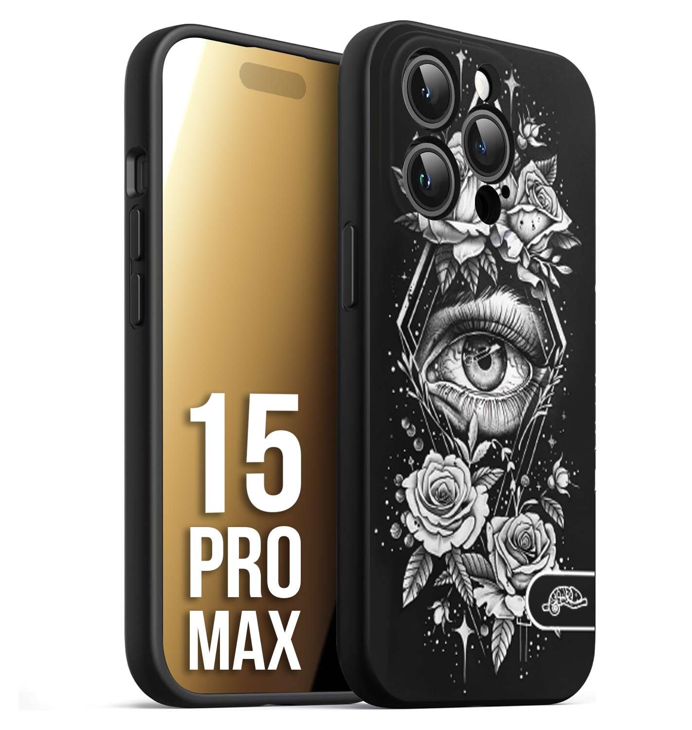 CUSTOMIZZA - Custodia cover nera morbida in tpu compatibile per iPhone 15 PRO MAX occhio fiori rombo geometrico black and white bianco a rilievo disegnato tattoo tatuaggio