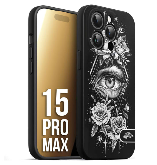 CUSTOMIZZA - Custodia cover nera morbida in tpu compatibile per iPhone 15 PRO MAX occhio fiori rombo geometrico black and white bianco a rilievo disegnato tattoo tatuaggio