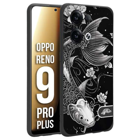 CUSTOMIZZA - Custodia cover nera morbida in tpu compatibile per Oppo Reno 9 PRO PLUS carpa koi black and white bianco a rilievo disegnato tattoo tatuaggio