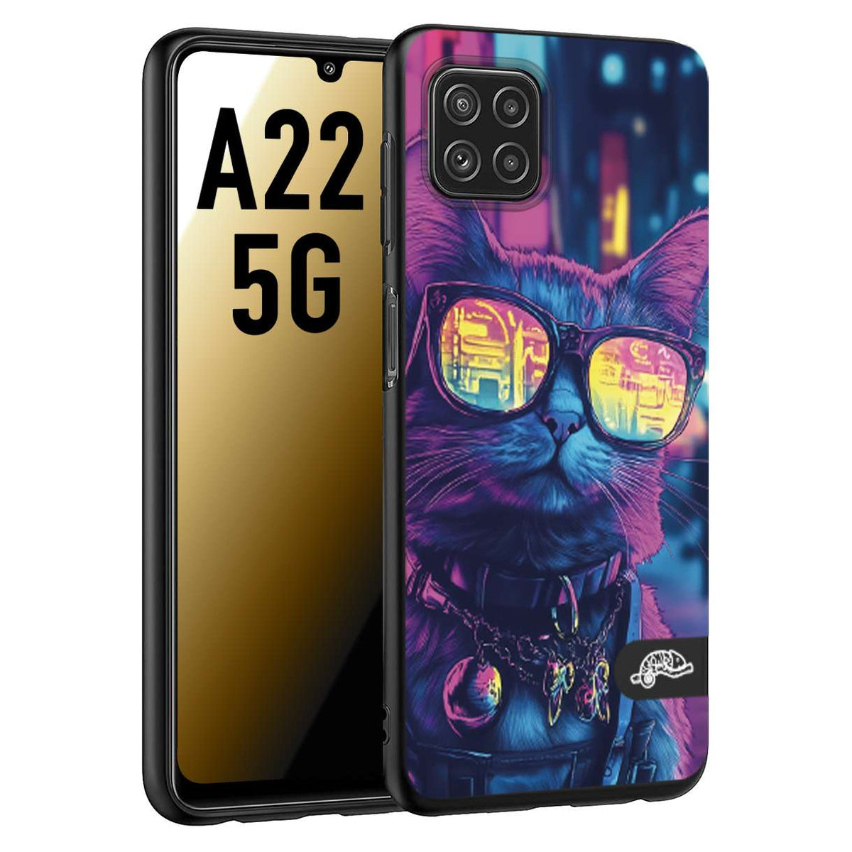 CUSTOMIZZA - Custodia cover nera morbida in tpu compatibile per Samsung A22 5G animali cyberpunk gatto street cat fucsia blu giallo