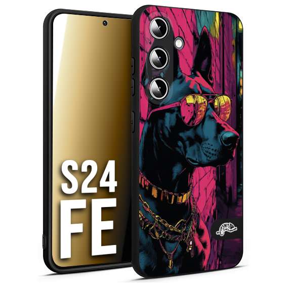 CUSTOMIZZA - Custodia cover nera morbida in tpu compatibile per Samsung S24 FE animali cyberpunk dobermann cane street dog fucsia blu