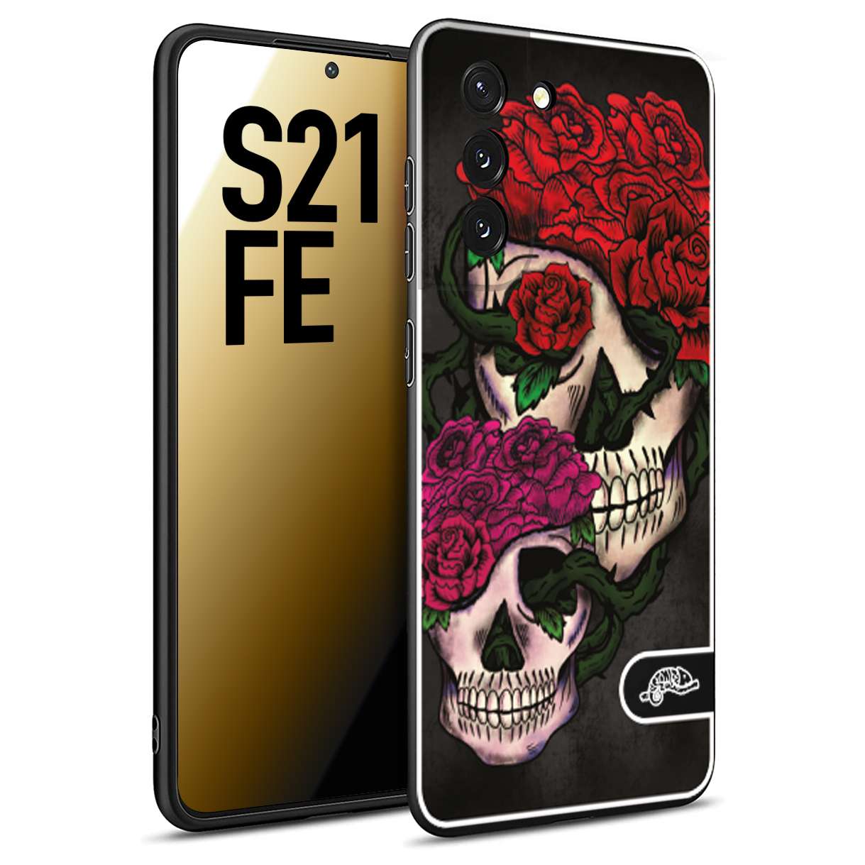 CUSTOMIZZA - Custodia cover nera morbida in tpu compatibile per Samsung S21 FE teschi e rose rosse fucsia skull and roses