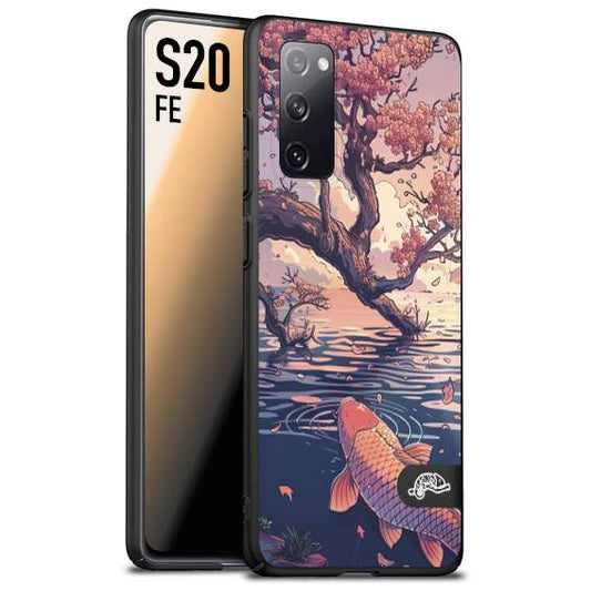 CUSTOMIZZA - Custodia cover nera morbida in tpu compatibile per Samsung S20 FE giapponese lago carpa koi rosa con foglie d'acero disegnata tattoo