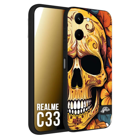 CUSTOMIZZA - Custodia cover nera morbida in tpu compatibile per Oppo Realme C33 teschio messicano colorato dorato fiori autunnali disegnato