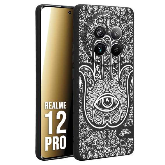 CUSTOMIZZA - Custodia cover nera morbida in tpu compatibile per Realme 12 PRO mano di fatima effetto rilievo mandala donna