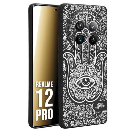 CUSTOMIZZA - Custodia cover nera morbida in tpu compatibile per Realme 12 PRO mano di fatima effetto rilievo mandala donna