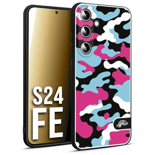 CUSTOMIZZA - Custodia cover nera morbida in tpu compatibile per Samsung S24 FE camouflage mimetico militare fucsia celeste