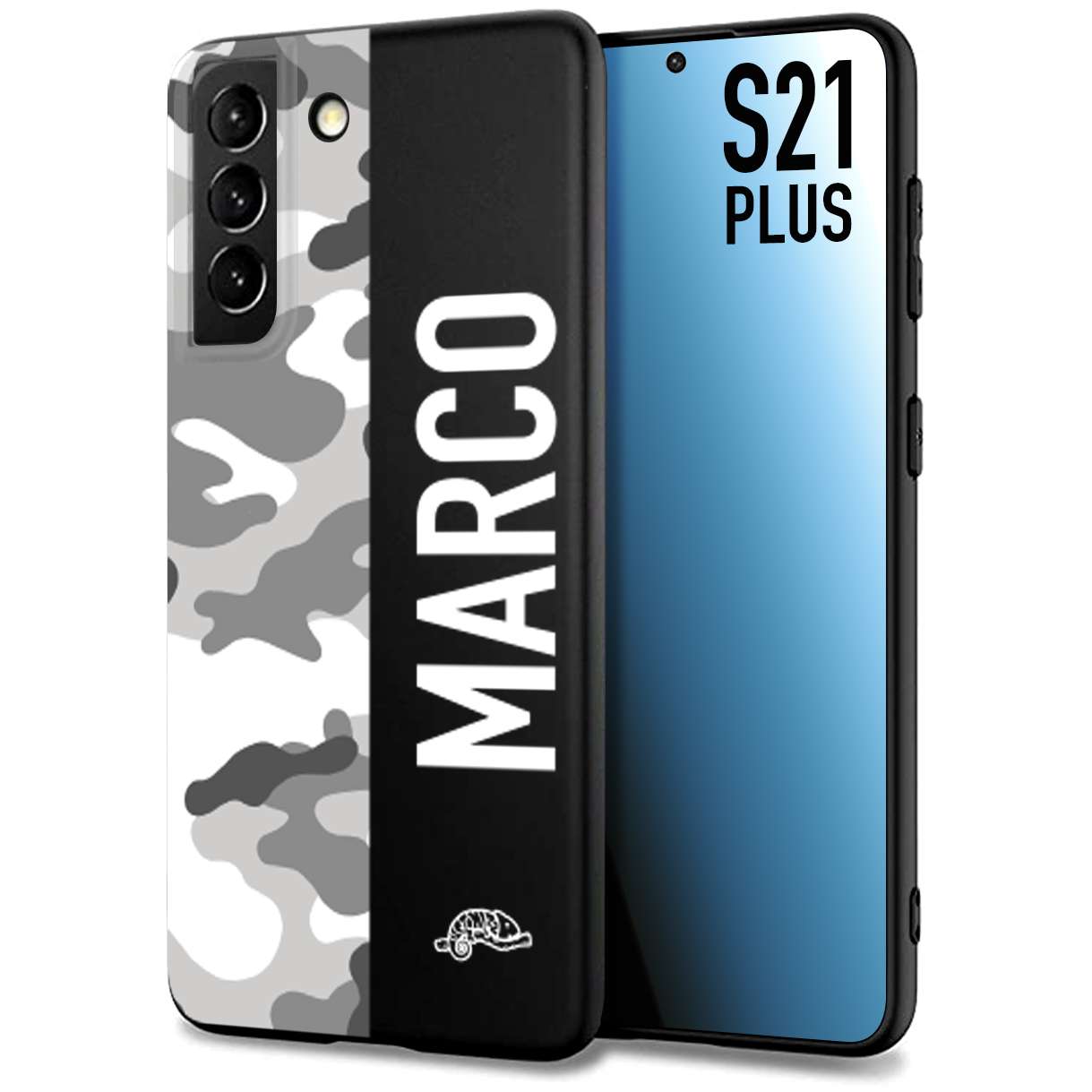 CUSTOMIZZA - Custodia cover nera morbida in tpu compatibile per Samsung S21 PLUS camouflage mimetico militare personalizzata nome bianco