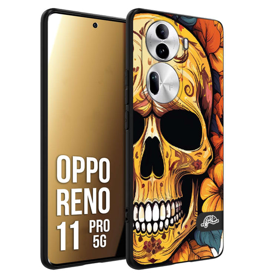 CUSTOMIZZA - Custodia cover nera morbida in tpu compatibile per Oppo Reno 11 PRO 5G teschio messicano colorato dorato fiori autunnali disegnato