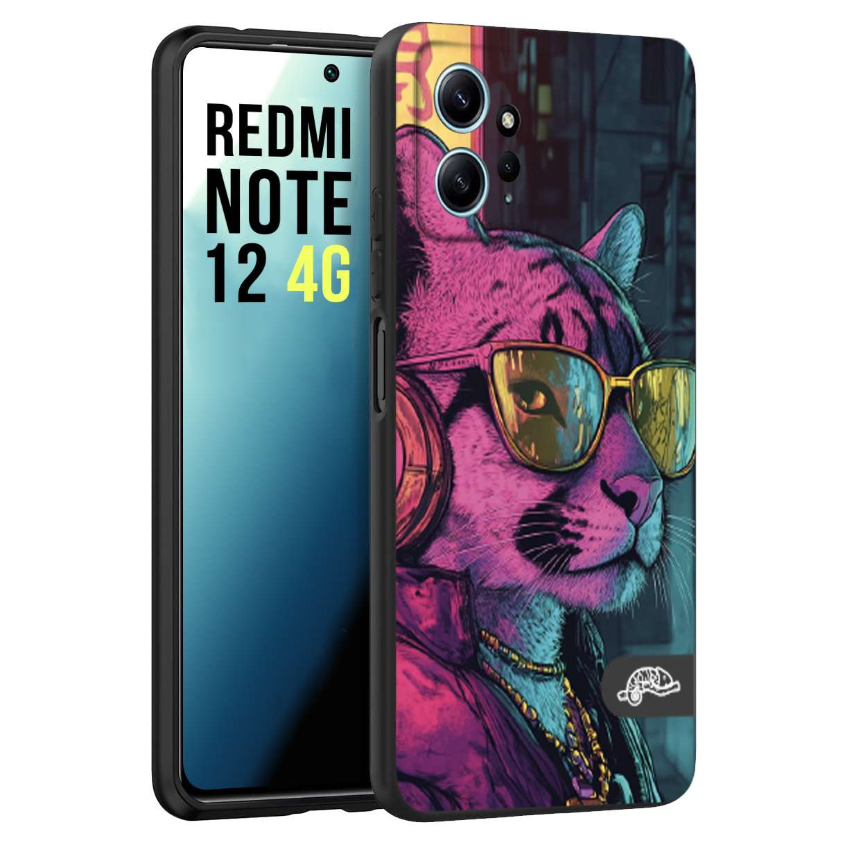 CUSTOMIZZA - Custodia cover nera morbida in tpu compatibile per Xiaomi Redmi Note 12 4G animali cyberpunk pantera street cat fucsia blu giallo