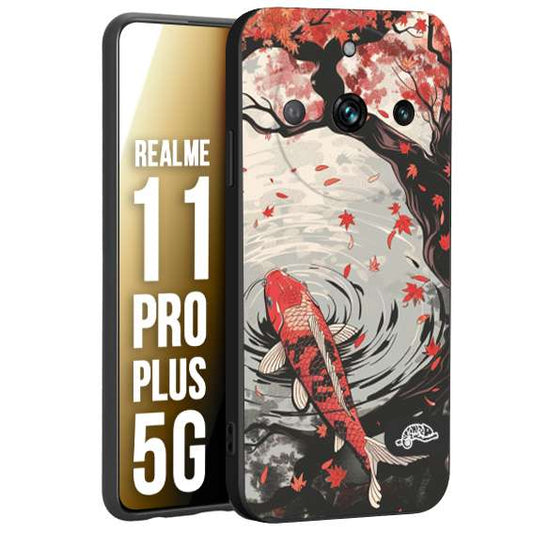 CUSTOMIZZA - Custodia cover nera morbida in tpu compatibile per Oppo Realme 11 PRO PLUS 5G giapponese lago carpa koi rossa con foglie d'acero rosso disegnata tattoo