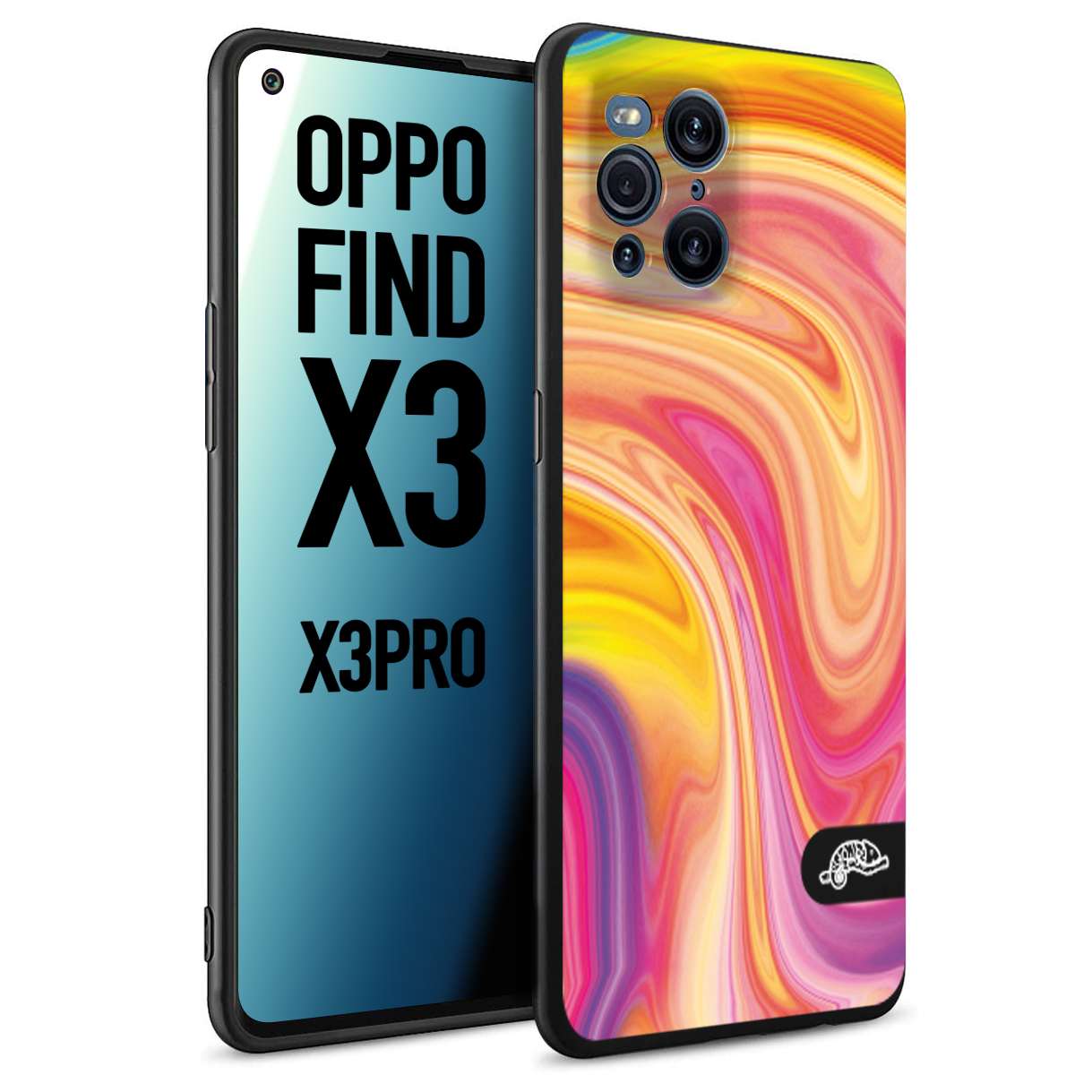 CUSTOMIZZA - Custodia cover nera morbida in tpu compatibile per Oppo Find X3 - Find X3 Pro 5G colorata fantasia vortice marmo onde rosa fucsia gialla