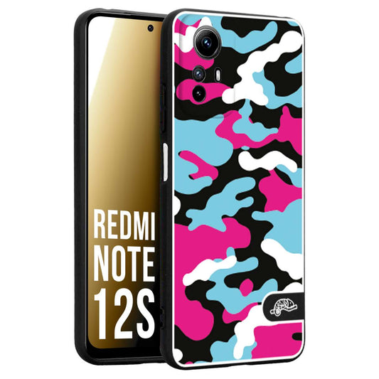 CUSTOMIZZA - Custodia cover nera morbida in tpu compatibile per Xiaomi Redmi Note 12S camouflage mimetico militare fucsia celeste