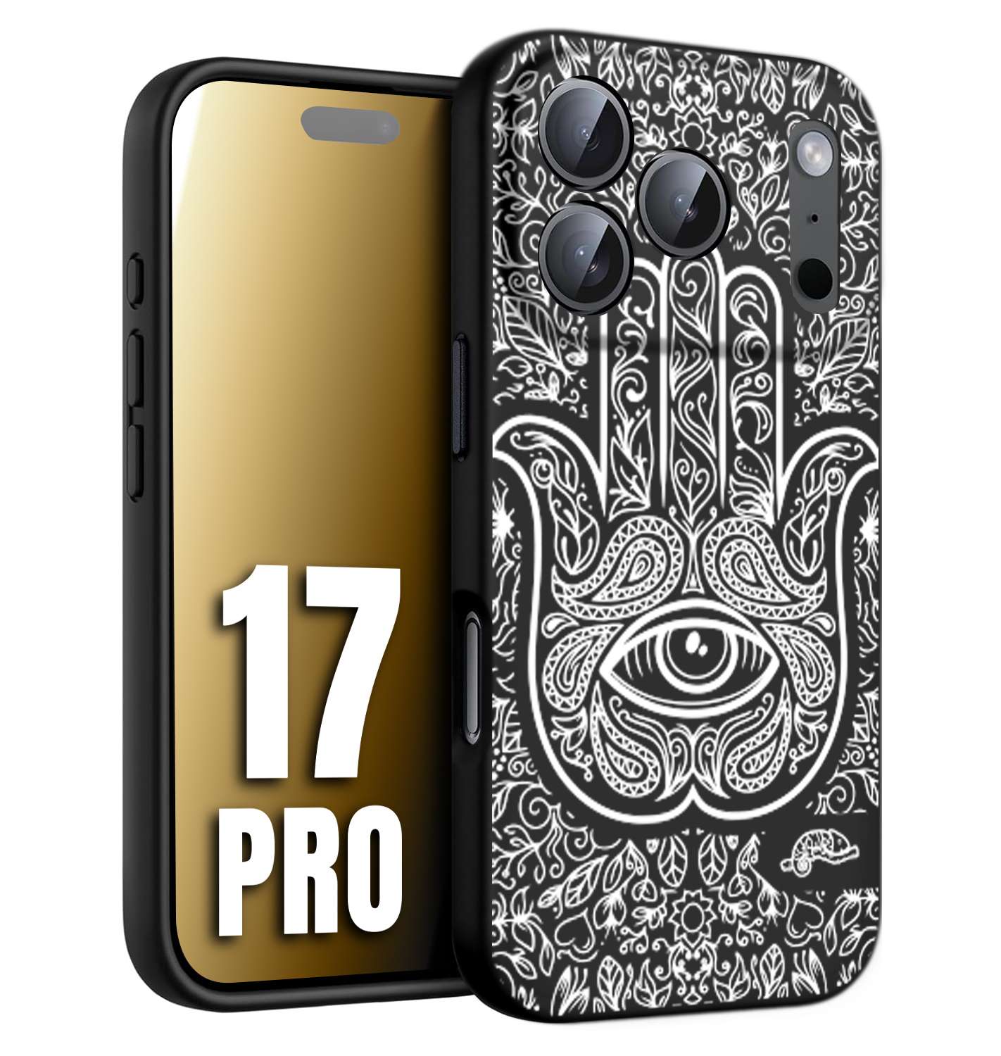 CUSTOMIZZA - Custodia cover nera morbida in tpu compatibile per iPhone 17 PRO mano di fatima effetto rilievo mandala donna