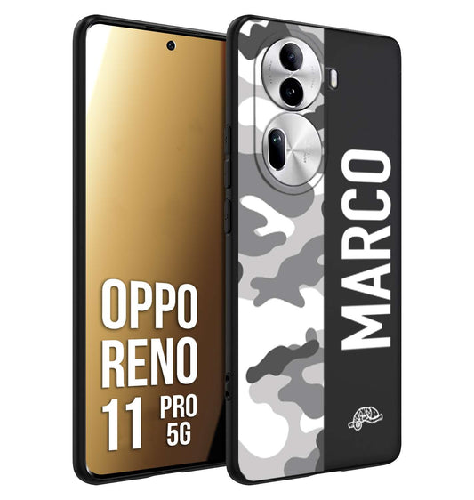 CUSTOMIZZA - Custodia cover nera morbida in tpu compatibile per Oppo Reno 11 PRO 5G camouflage mimetico militare personalizzata nome bianco