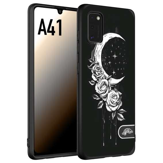 CUSTOMIZZA - Custodia cover nera morbida in tpu compatibile per Samsung A41 luna e fiori moon flowers black and white bianco a rilievo disegnato